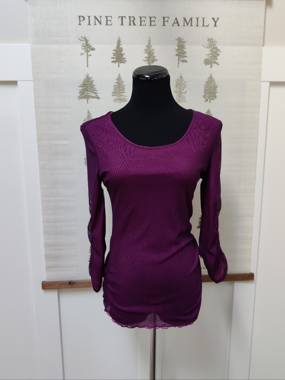 Purple Mesh Long Sleeve Ruched Top With Pink Layering Detail